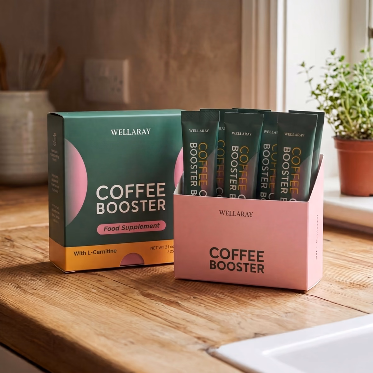 Open box of Wellaray Coffee Booster showing the sachets